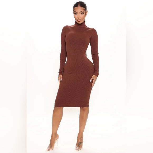 Bodycon Midi Dress Longsleeve Brown - Picture 1 of 8